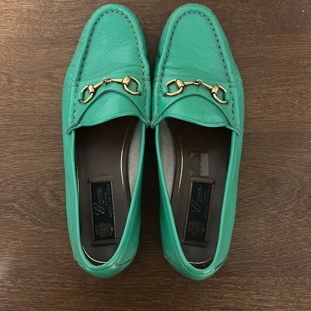 Gucci Green Leather Loafers with Gold Hardware